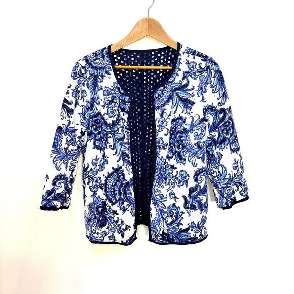 Coldwater Creek Reversible Eyelet Floral Open Front Jacket Navy/White 14 NWOT - Picture 3 of 10